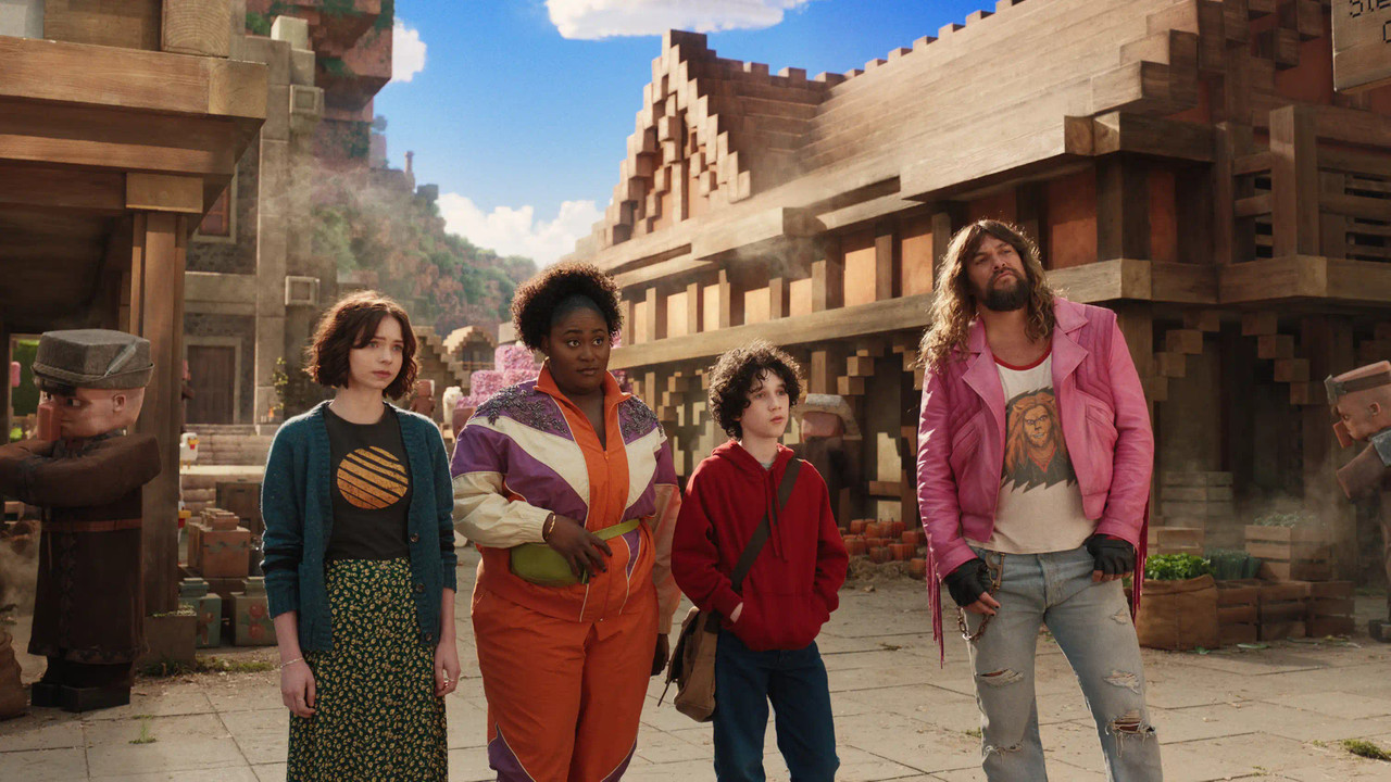 A Minecraft Movie - Emma Myers, Danielle Brooks, Sebastian Hansen, and Jason Momoa in Town