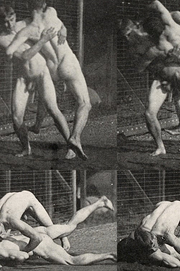 Two naked men wrestling