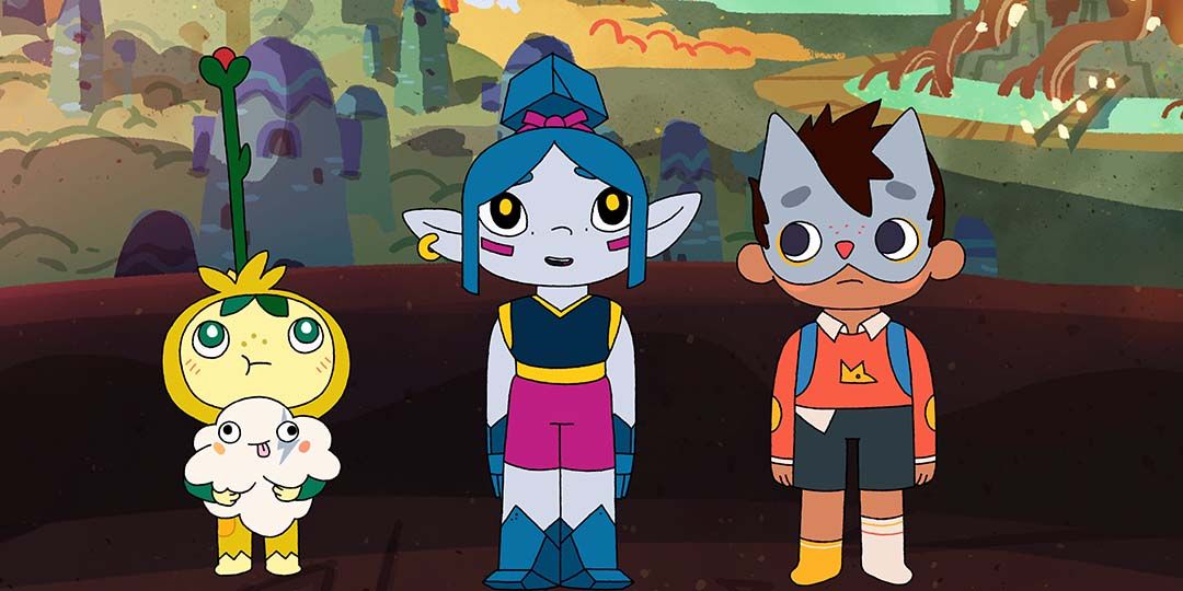 Sprout (voiced by Archie Yates), Floof (voiced by Christina Militia), Xandra (voiced by Lily Williams) and Wolfboy (voiced by Kassian Akhtar) in 'Wolfboy and the Everything Factory'