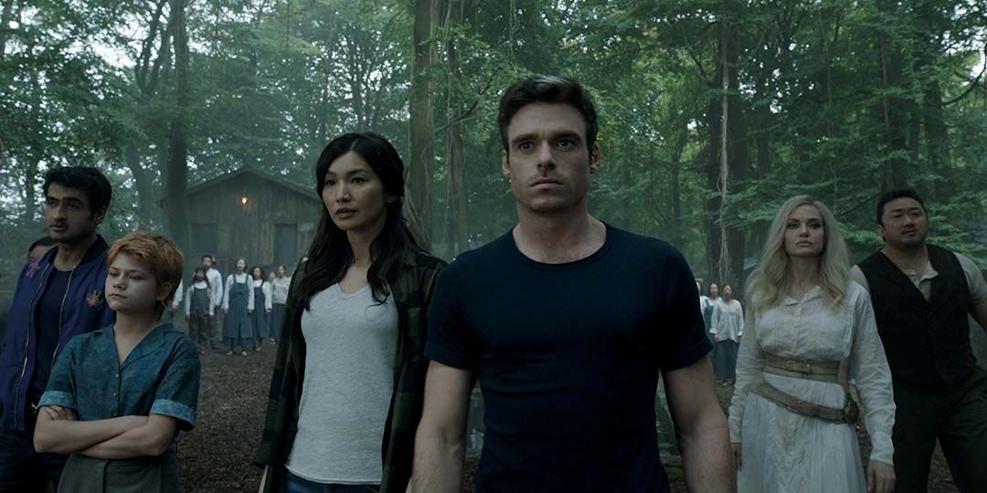 (L-R): Kingo (Kumail Nanjiani), Sprite (Lia McHugh), Sersi (Gemma Chan), Ikaris (Richard Madden), Thena (Angelina Jolie), and Gilgamesh (Don Lee) in Marvel Studios' 'Eternals'