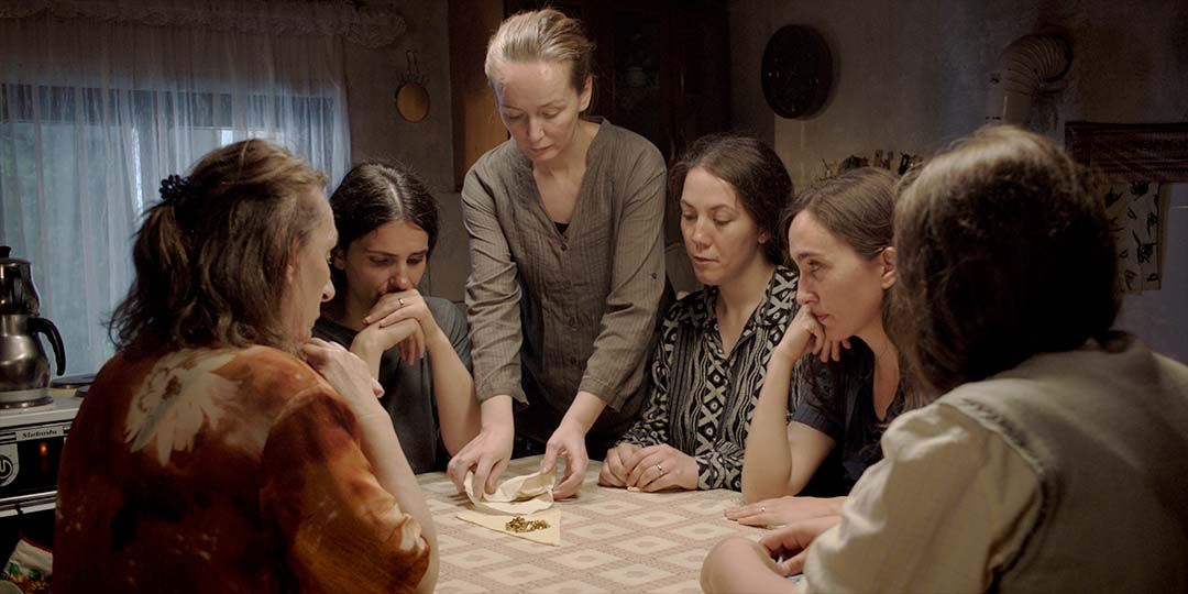 Kumrije Hoxha, Yllka Gashi, Adriana Matoshi, Molikë Maxhuni, Blerta Ismaili, and Valire Haxhijaj Zene in 'Hive,' directed by Blerta Basholli