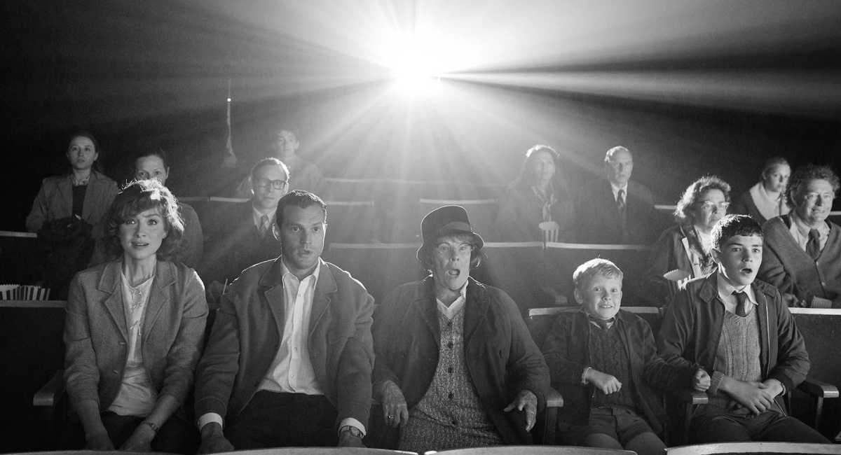 (L to R) Caitriona Balfe, Jamie Dornan, Judi Dench, Jude Hill, and Lewis McAskie in 'Belfast,' directed by Kenneth Branagh