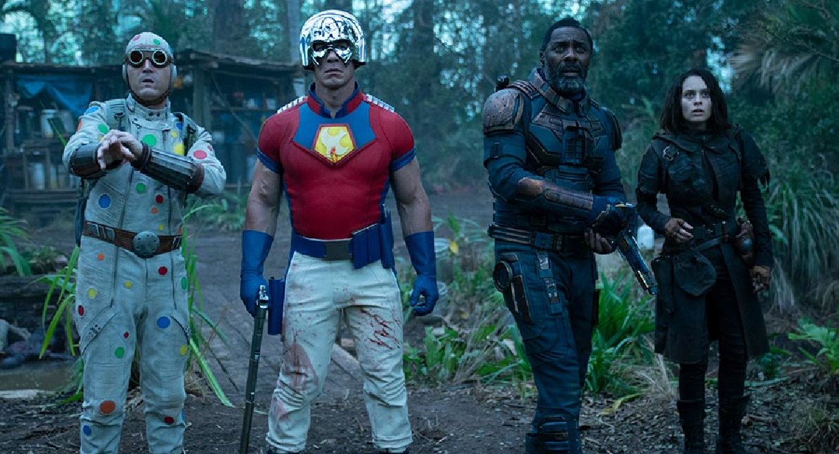 (L to R) David Dastmalchian, John Cena, Idris Elba and Daniela Melchior in 'The Suicide Squad.'
