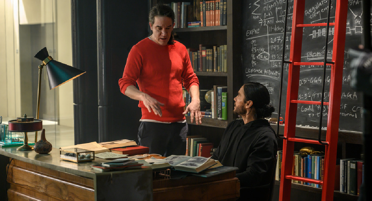 Director Daniel Espinosa with Jared Leto on set of 'Morbius'
