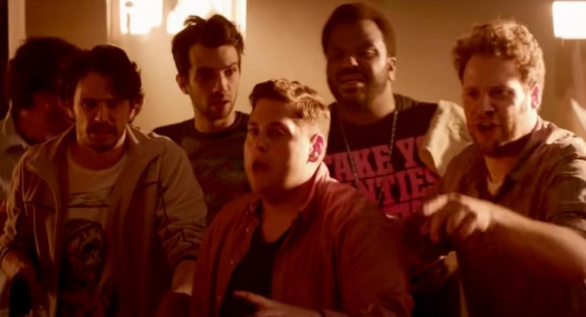 (L to R) James Franco, Jay Baruchel, Jonah Hill, Craig Robinson, and Seth Rogen in 'This Is the End.'