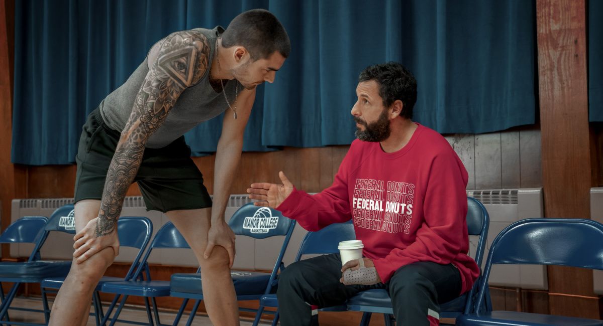 Juancho Hernangomez and Adam Sandler in 'Hustle.'