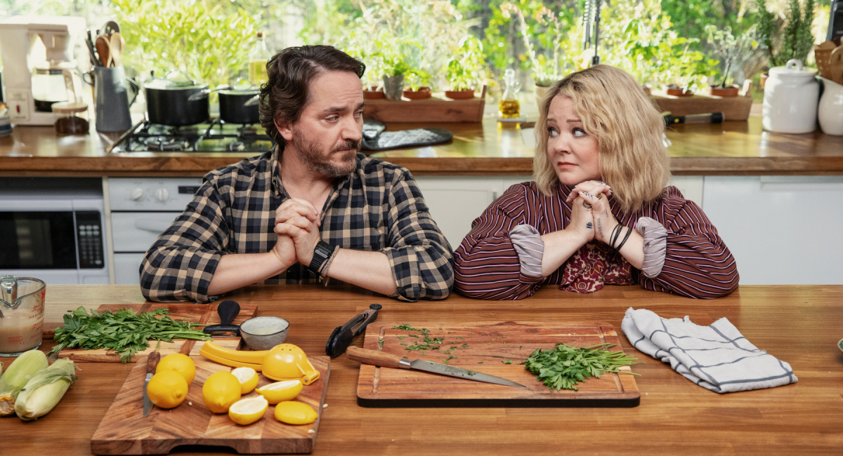 Ben Falcone as Clark Thompson, Melissa McCarthy as Amily Luck in 'God’s Favorite Idiot.'