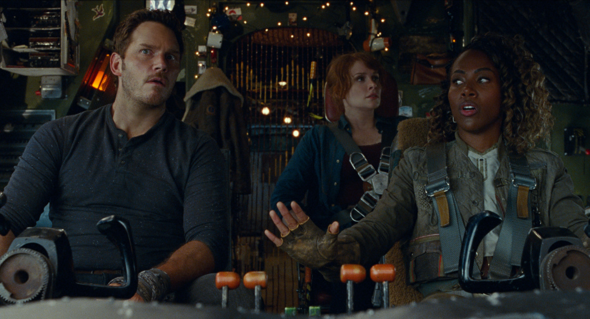 Owen Grady (Chris Pratt), Claire Dearing (Bryce Dallas Howard) and Kayla Watts (DeWanda Wise) in 'Jurassic World Dominion.'