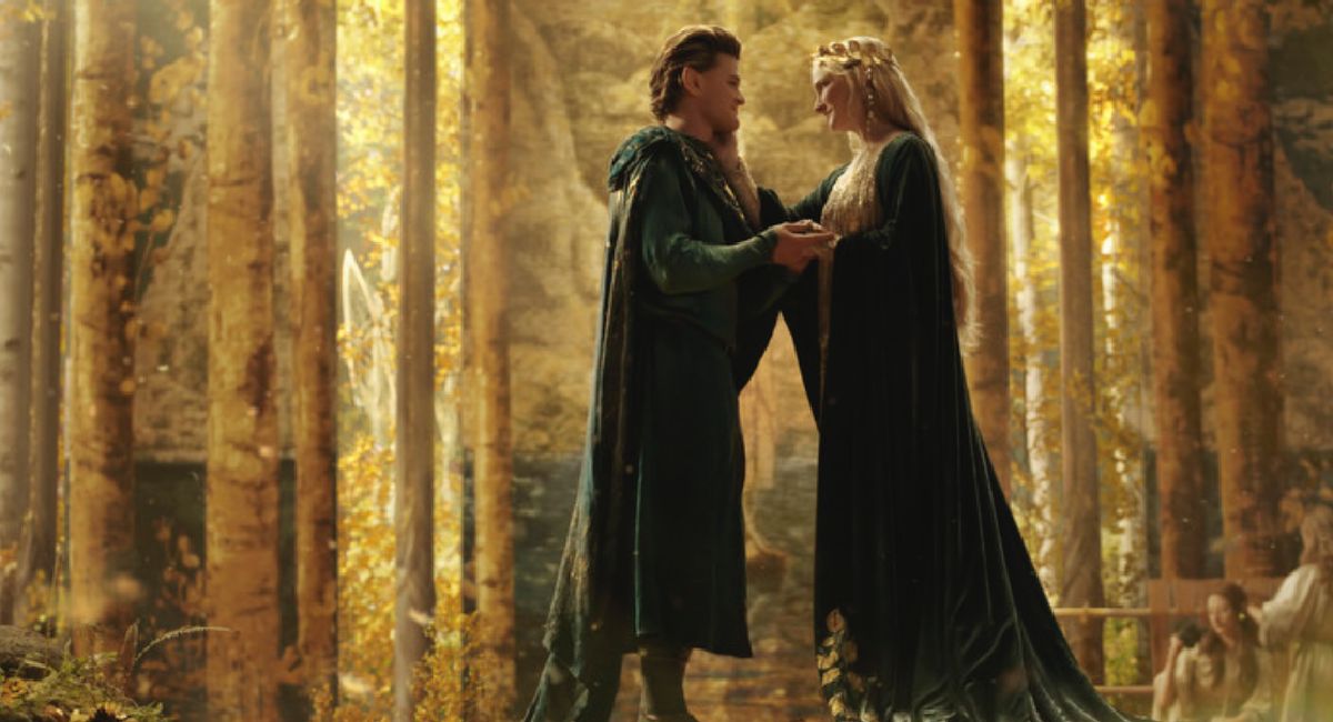 Charlie Vickers (Halbrand) and Morfydd Clark (Galadriel) in Prime Video's 'The Lord of the Rings: The Rings of Power.'