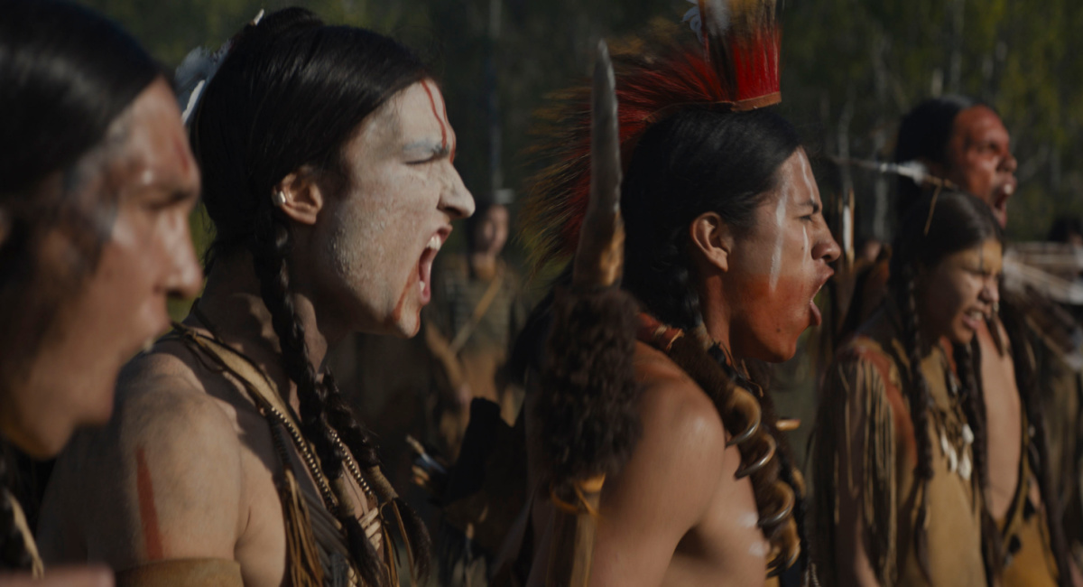 Cody Big Tobacco as Ania, Dakota Beavers as Taabe, Stormee Kipp as Wasape, Skye Pelletier as Tabu, and Tymon Carter as Huupi in 20th Century Studios' 'Prey,' exclusively on Hulu.