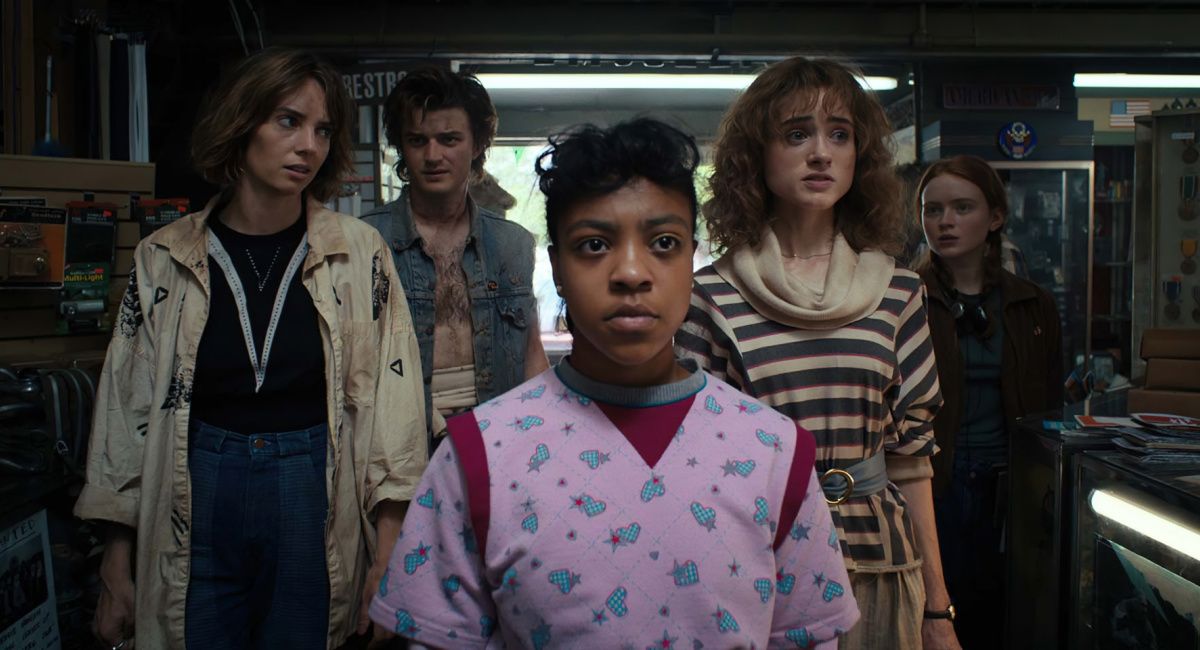 Maya Hawke as Robin Buckley, Joe Keery as Steve Harrington, Priah Ferguson as Erica Sinclair, Natalia Dyer as Nancy Wheeler, and Sadie Sink as Max Mayfield in 'Stranger Things.'