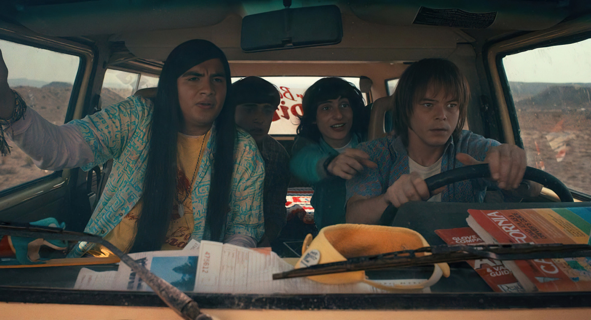 Eduardo Franco as Argyle, Noah Schnapp as Will Byers, Finn Wolfhard as Mike Wheeler, and Charlie Heaton as Jonathan Byers in 'STranger Things.'