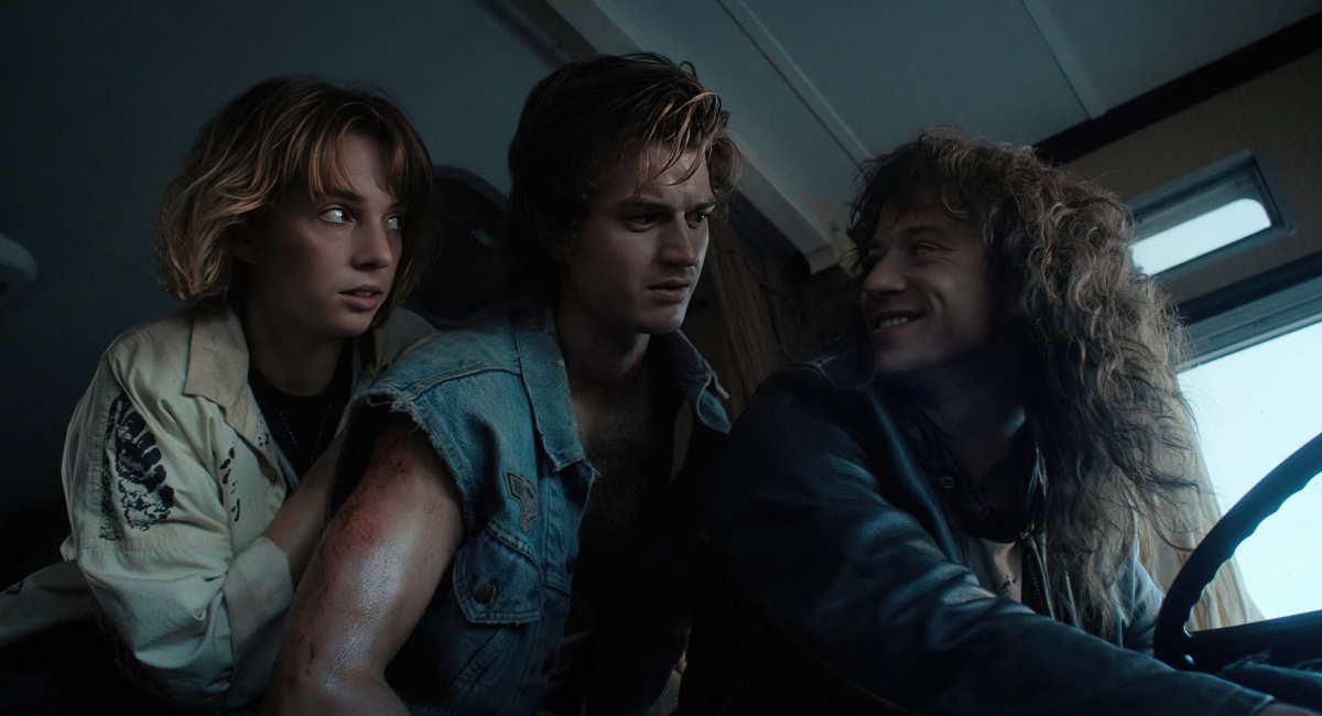 Maya Hawke as Robin Buckley, Joe Keery as Steve Harrington and Joseph Quinn as Eddie Munson in 'Stranger Things.'