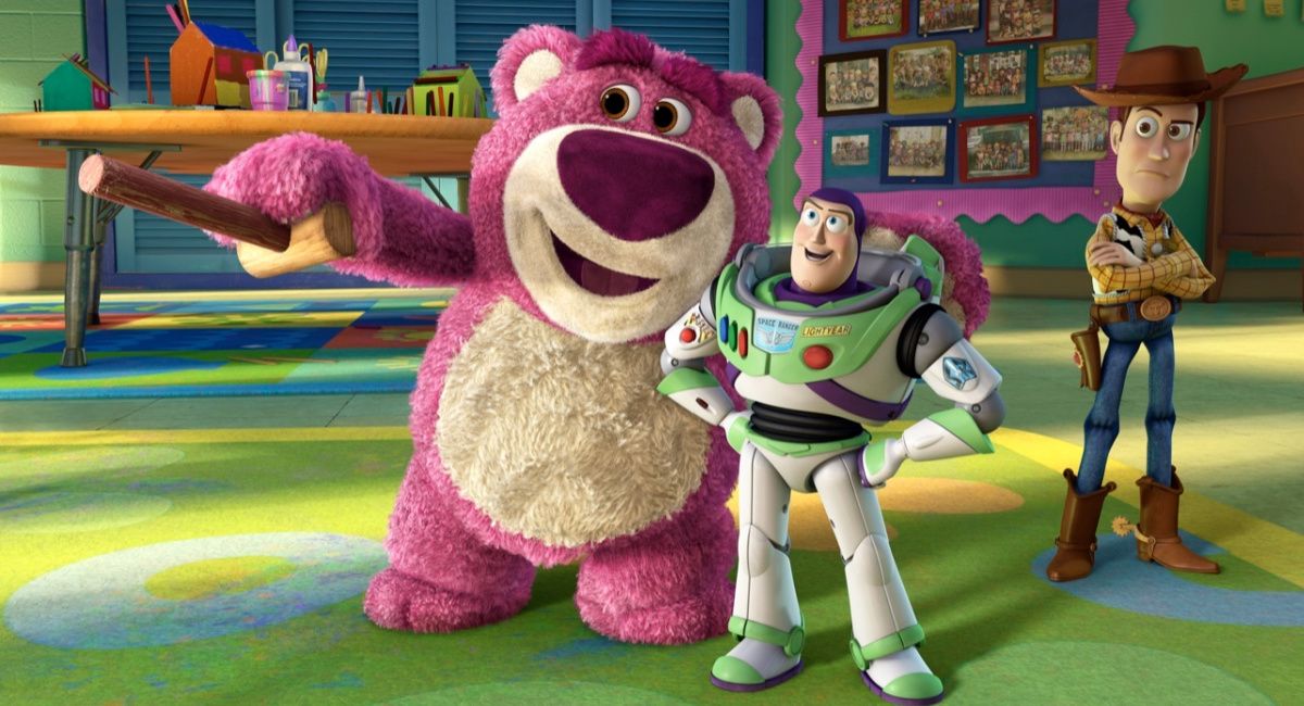 Lots-o’-Huggin’ Bear, Buzz Lightyear, and Woody from 'Toy Story 3.'