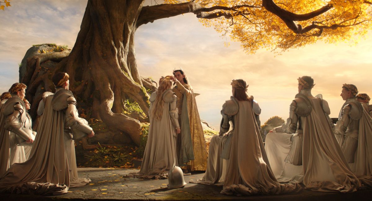 Morfydd Clark (Galadriel), and Benjamin Walker (High King Gil-galad)in Prime Video's 'The Lord of the Rings: The Rings of Power.'
