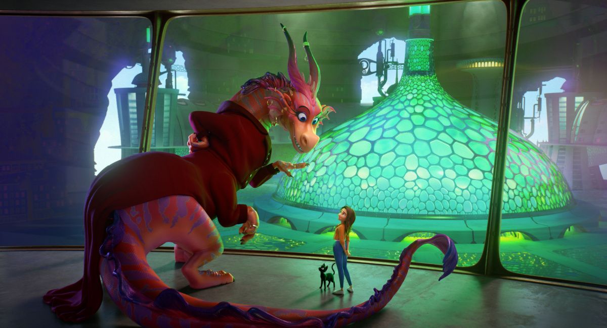 The Dragon (voiced by Jane Fonda), Bob (voiced by Simon Pegg) and Sam Greenfield (voiced by Eva Noblezada) in “Luck,” premiering globally on Apple TV+ on August 5, 2022.