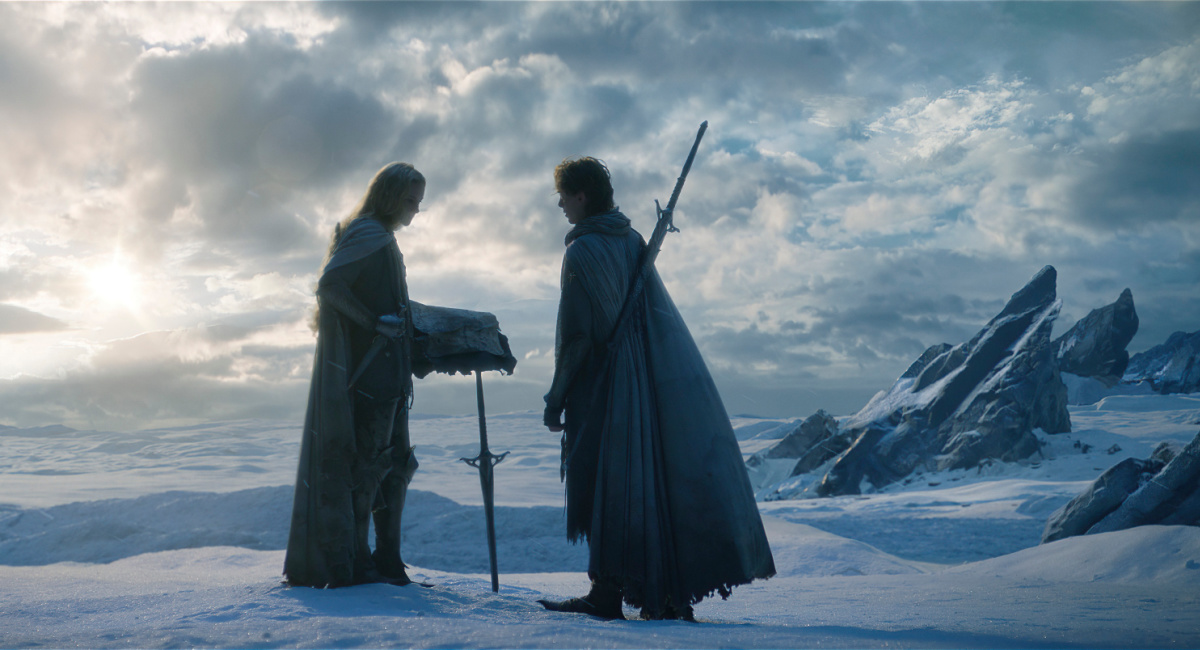 Morfydd Clark (Galadriel), and Fabian McCallum in Prime Video's 'The Lord of the Rings: The Rings of Power.'