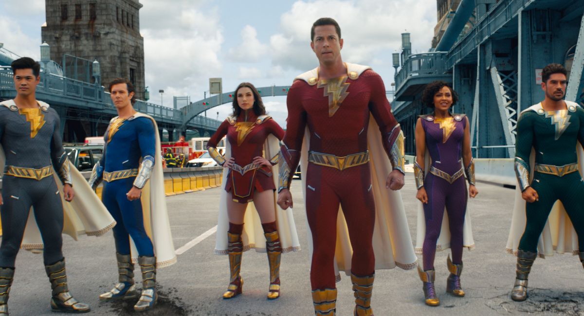 Ross Butler as Super Hero Eugene, Adam Brody as Super Hero Freddy, Grace Caroline Currey as Super Hero Mary, Zachary Levi as Shazam, Meagan Good as Super Hero Darla and D. J. Cotrona as Super Hero Pedro in New Line Cinema’s action adventure Shazam! Fury of the Gods,' a Warner Bros. Pictures release.
