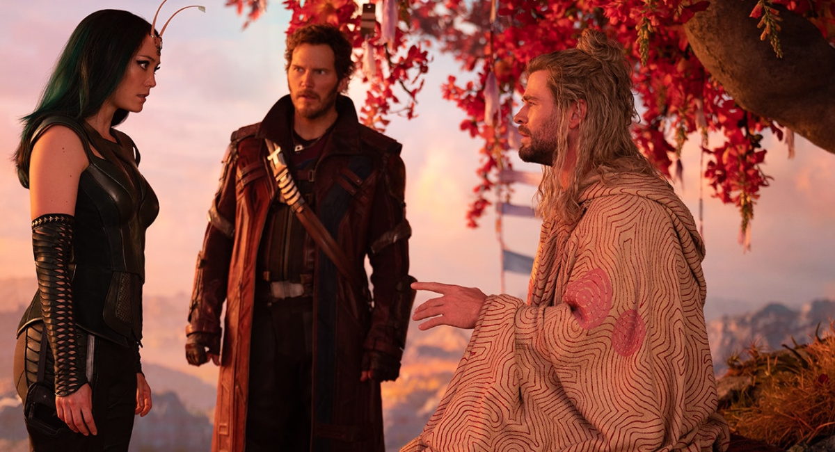 Pom Klementieff, Chris Pratt, and Chris Hemsworth in Marvel's 'Thor: Love and Thunder.'