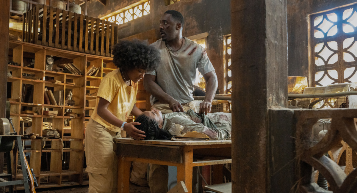 Leah Jeffries, Idris Elba and Meredith Samuels in 'Beast,' directed by Baltasar Kormákur.