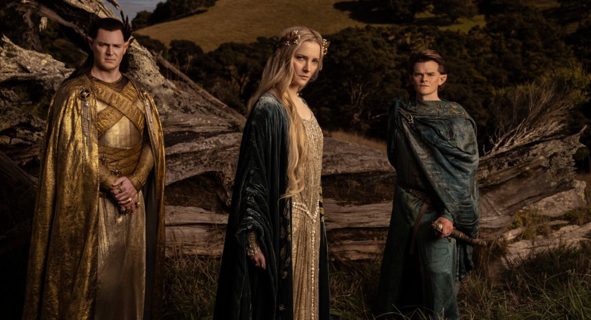 (L to R) Benjamin Walker (High King Gil-galad), Morfydd Clark (Galadriel), Robert Aramayo (Elrond) in 'The Lord of the Rings: The Rings of Power.'