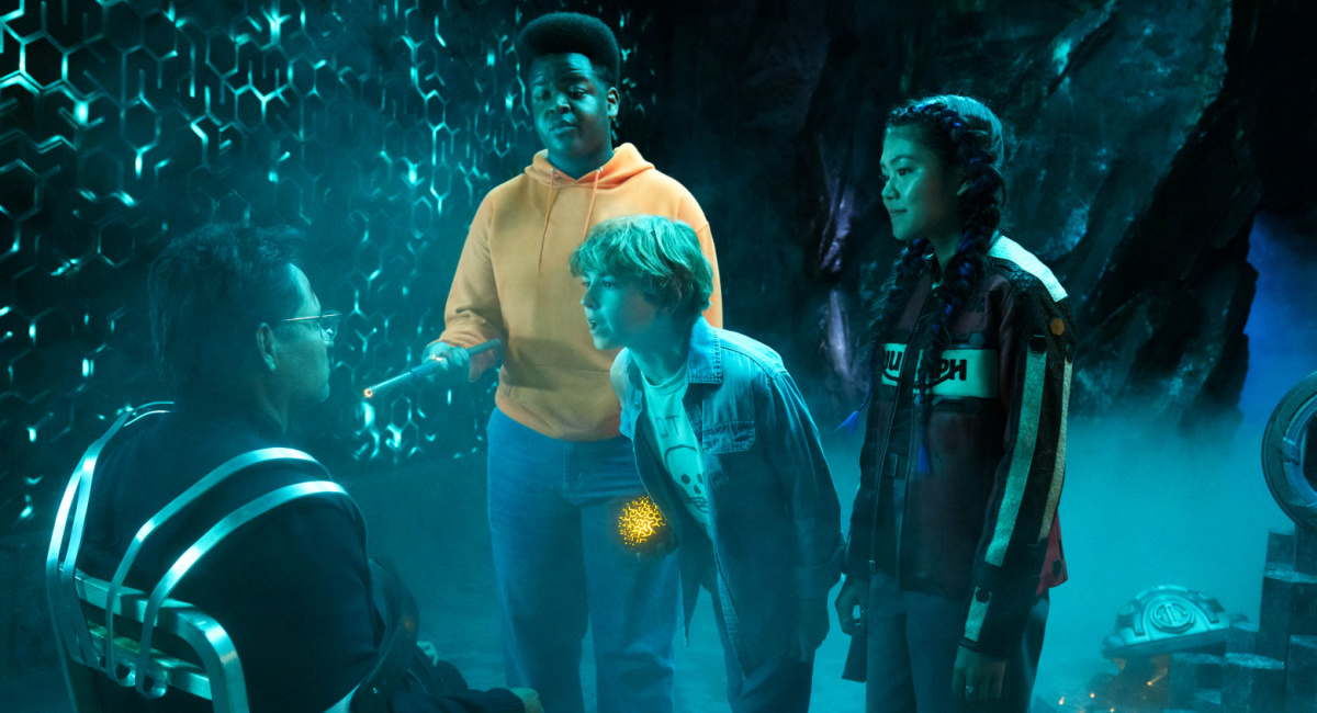 Michael Peña as Argon, Keith L. Williams as Berger, Walker Scobell as Charlie, and Momona Tamada as Maya in 'Secret Headquarters' from Paramount Pictures.
