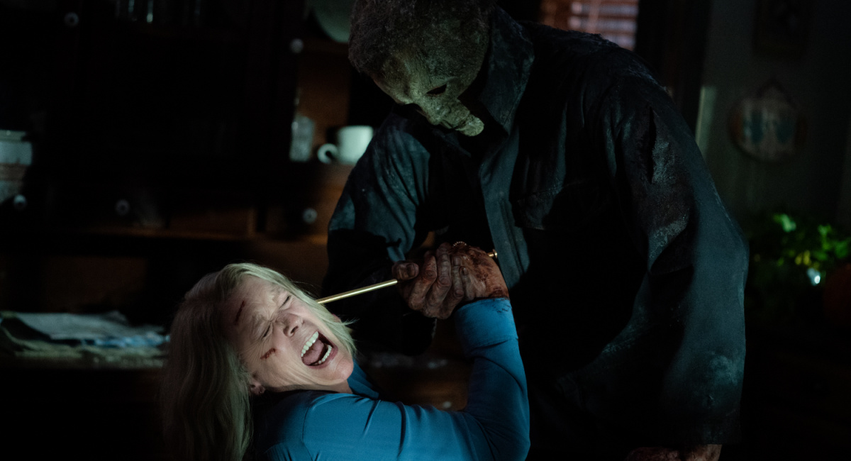 Jamie Lee Curtis as Laurie Strode and Michael Myers (aka The Shape) in 'Halloween Ends,' directed by David Gordon Green.