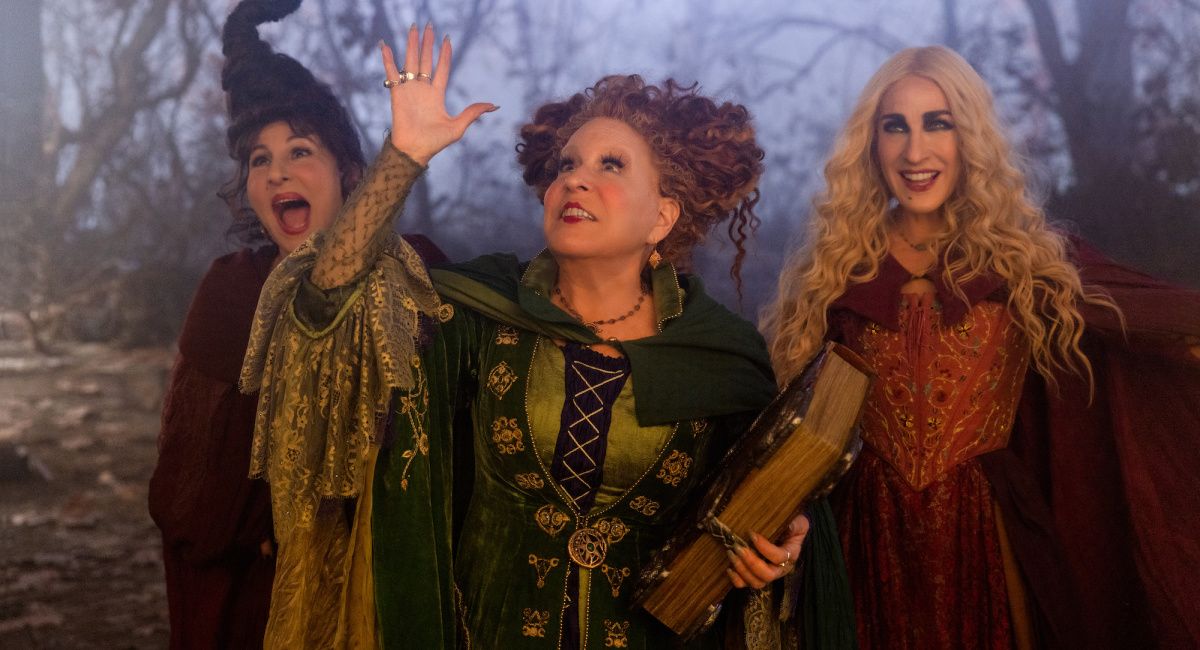 Kathy Najimy as Mary Sanderson, Bette Midler as Winifred Sanderson, and Sarah Jessica Parker as Sarah Sanderson in Disney's live-action 'Hocus Pocus 2.'