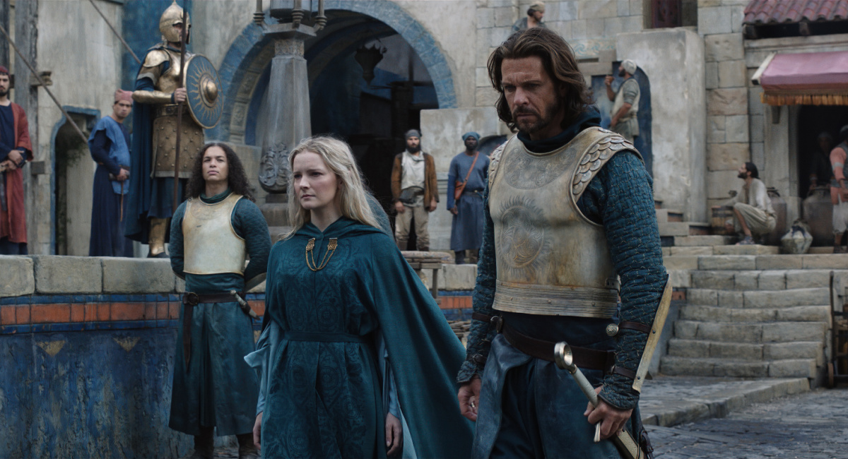 Morfydd Clark (Galadriel), and Lloyd Owen (Elendil) in 'The Lord of the Rings: The Rings of Power.'