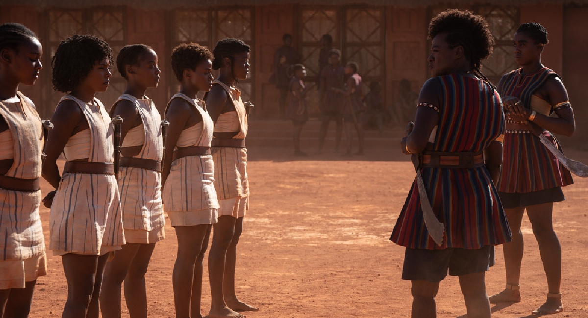 Viola Davis and Lashana Lynch with young recruits in 'The Woman King.'