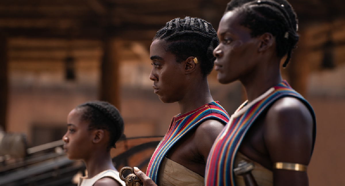 Thuso Mbedu, Lashana Lynch, and Shelia Atim in 'The Woman King.'