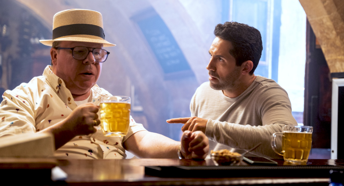 Perry Benson as Finicky Fred and Scott Adkins as Mike Fallon in the action/thriller film, 'Accident Man: Hitman's Holiday.'
