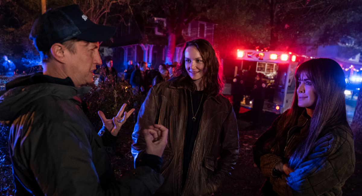 Director David Gordon Green, Andi Matichak and Kyle Richards on the set of 'Halloween Ends.'