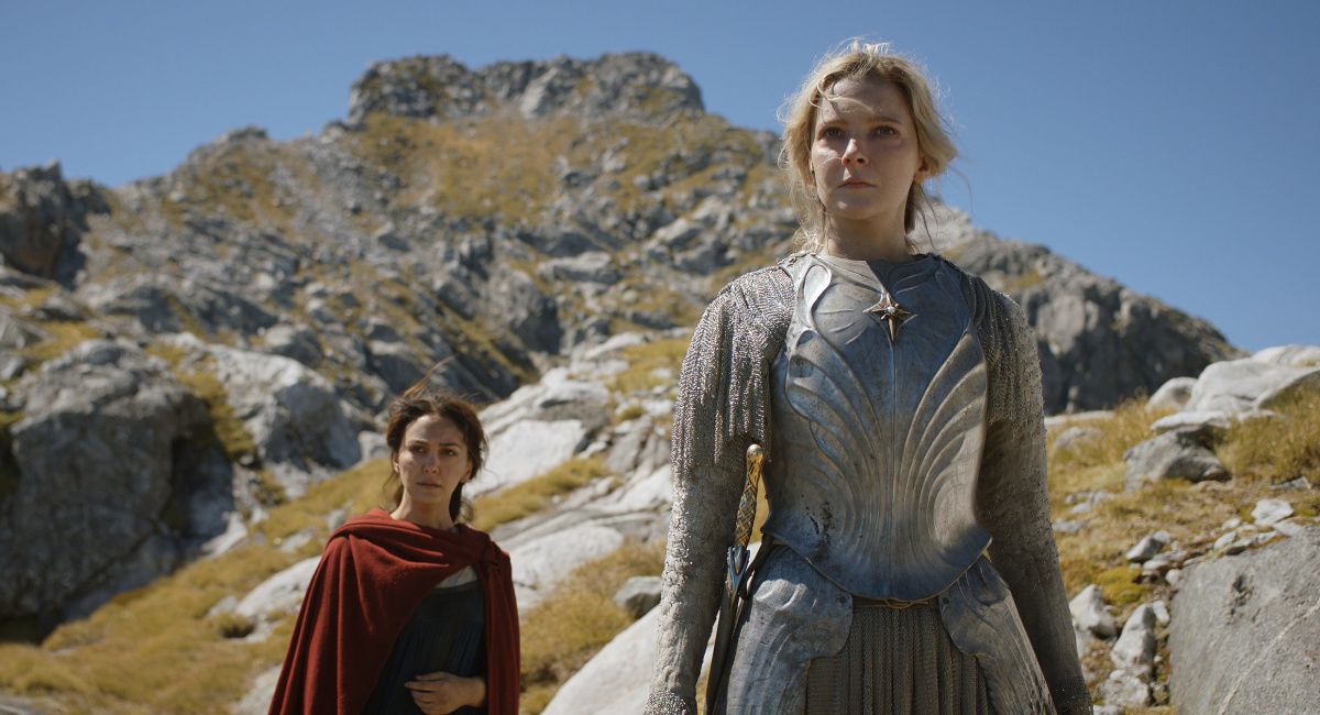 Nazanin Boniadi (Bronwyn), and Morfydd Clark (Galadriel) in Prime Video's 'The Lord of the Rings: The Rings of Power.'