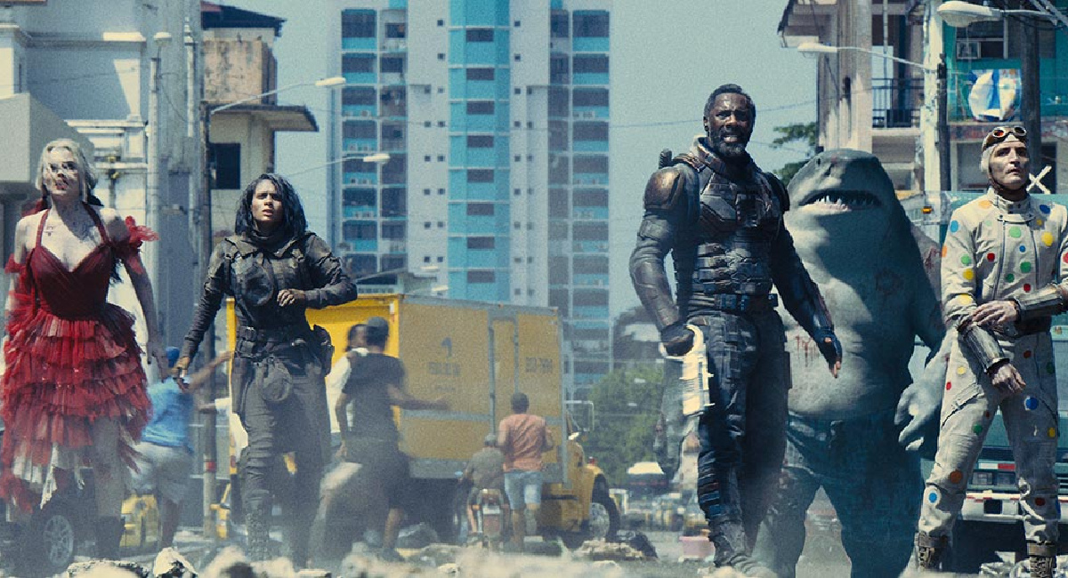 Margot Robbie, Daniela Melchior, Idris Elba, Sylvester Stallone, and David Dastmalchian in 'The Suicide Squad'