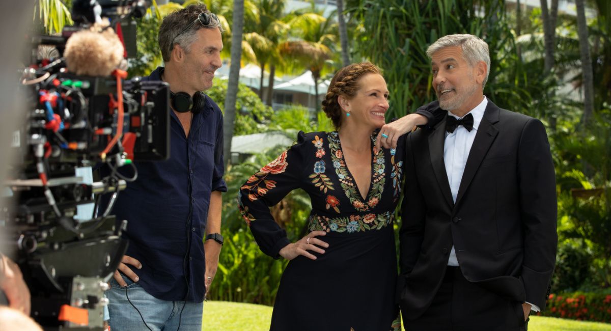Director Ol Parker, Julia Roberts and George Clooney on the set of 'Ticket to Paradise.'
