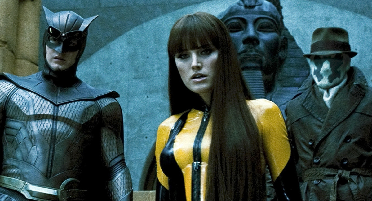 Patrick Wilson as Daniel Dreiberg / Nite Owl II, Malin Åkerman as Laurie Jupiter / Silk Spectre II, and Jackie Earle Haley as Walter Kovacs / Rorschach in director Zack Snyder's 'Watchmen.'