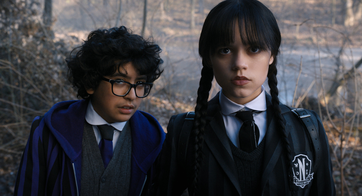 Moosa Mostafa as Eugene Otinger, and Jenna Ortega as Wednesday Addams in 'Wednesday.'