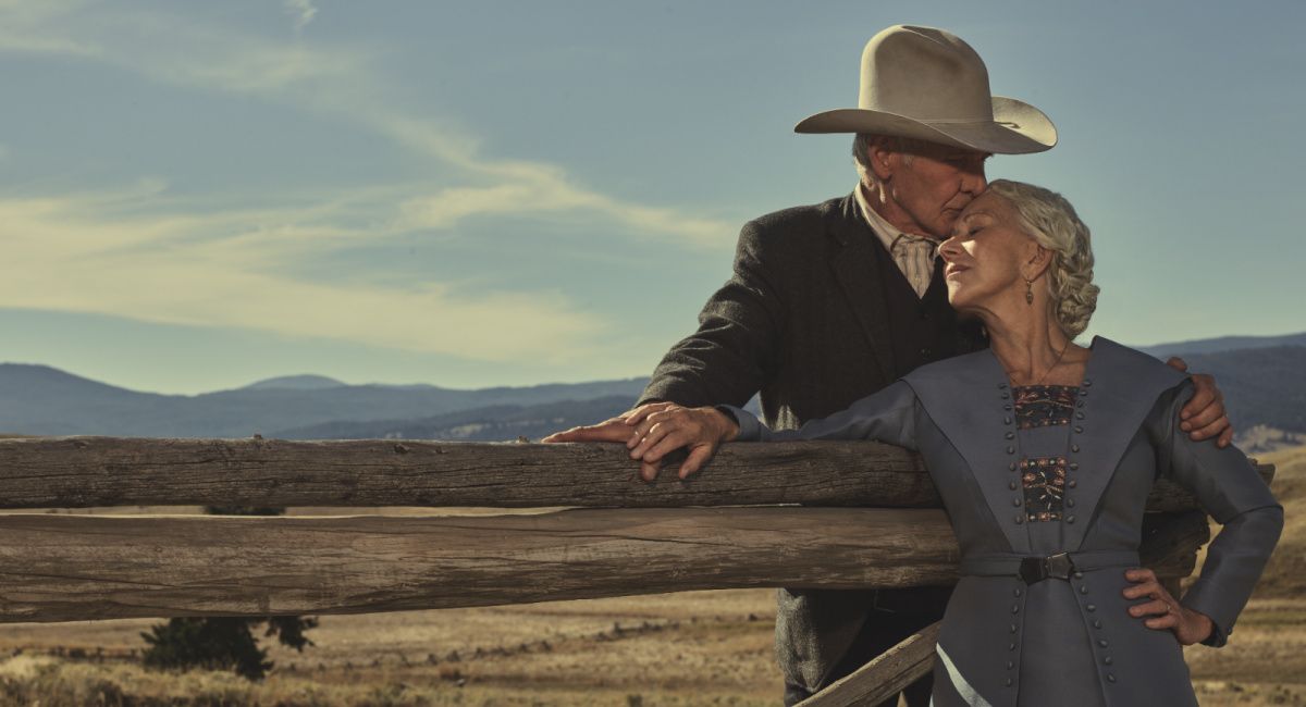 Harrison Ford as Jacob Dutton and Helen MIrren as Cara Dutton in '1923' streaming on Paramount+ 2022.