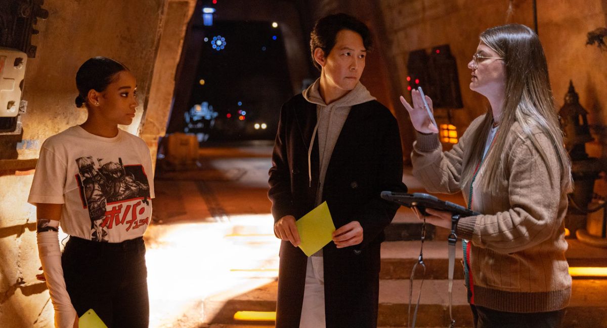 Amandla Stenberg, Lee Jung-jae, and Leslye Headland behind the scenes of 'The Acolyte.'