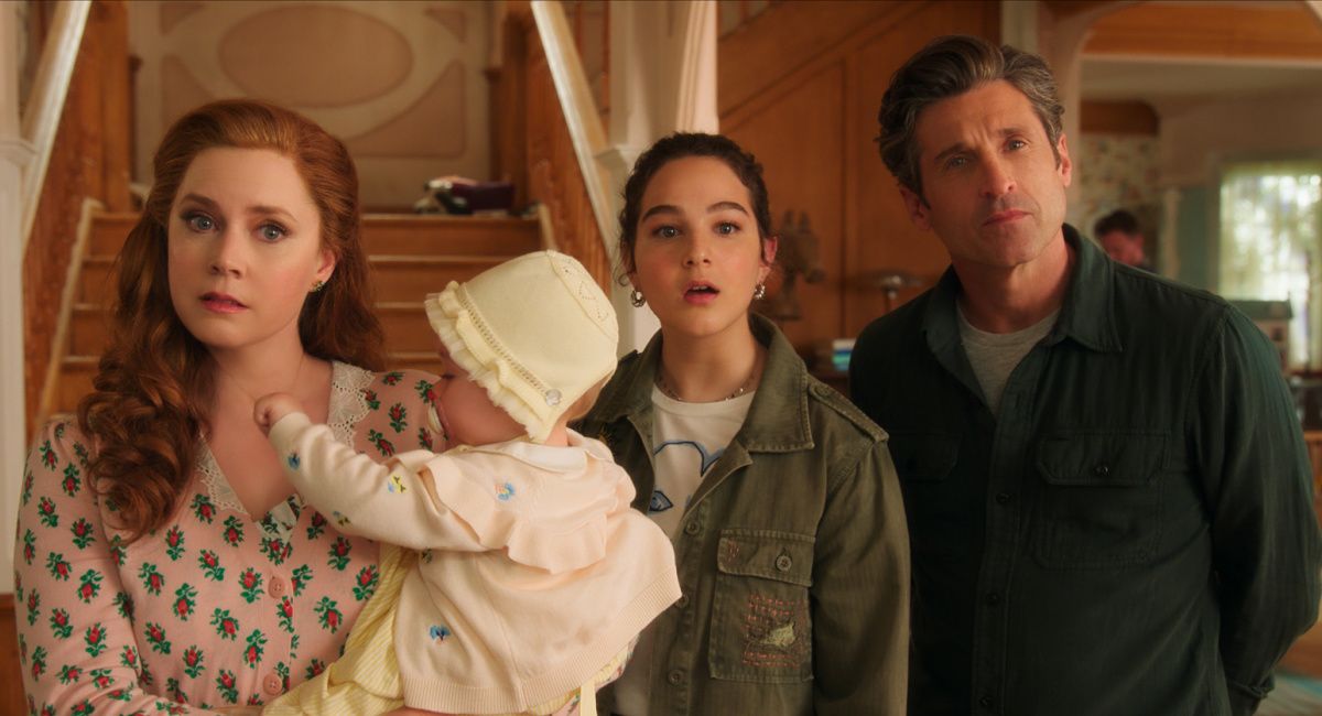 Amy Adams as Giselle, Sofia (played by Mila & Lara Jackson), Gabriella Baldacchino as Morgan Philip, and Patrick Dempsey as Robert Philip in Disney's live-action 'Disenchanted,' exclusively on Disney+.