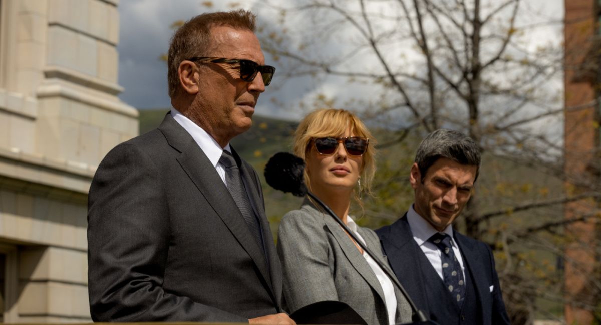 Kevin Costner as John Dutton III, Kelly Reilly as Bethany "Beth" Dutton, and Wes Bentley as Jamie Dutton in Paramount Network's 'Yellowstone' season 5.