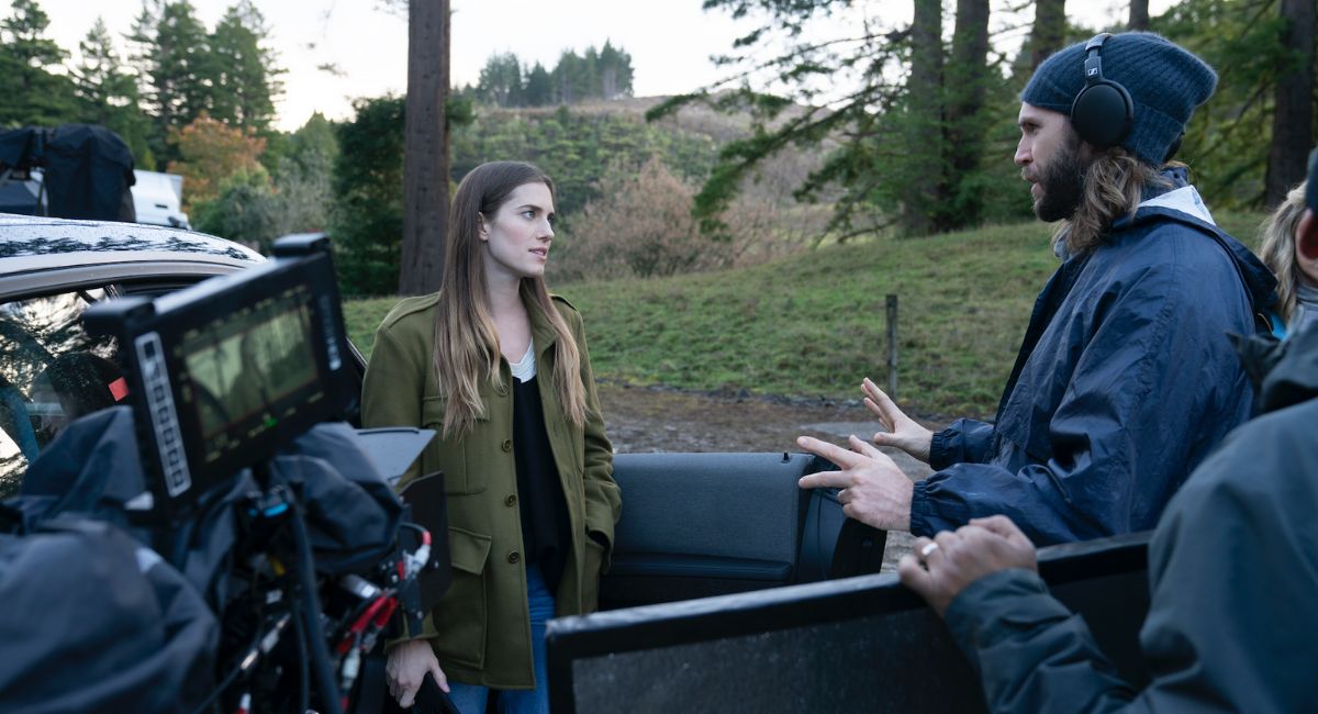 Allison Williams and director Gerard Johnstone on the set of 'M3GAN.'