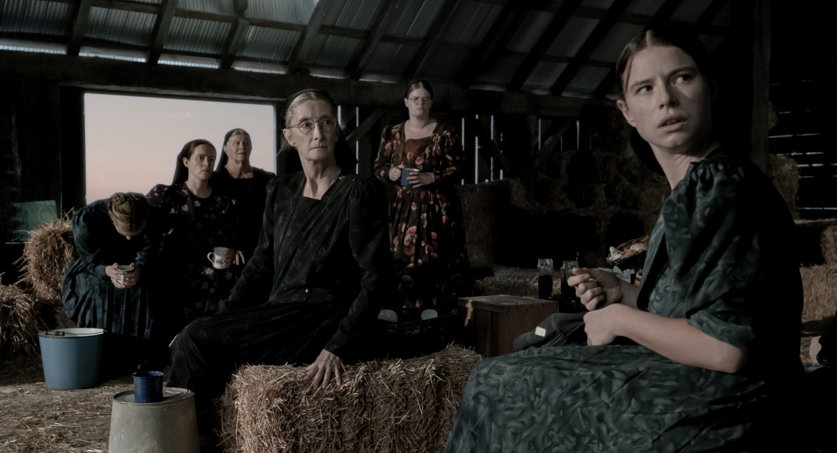 Rooney Mara stars as Ona, Claire Foy as Salome, Judith Ivey as Agata, Sheila McCarthy as Greta, Michelle McLeod as Mejal and Jessie Buckley as Mariche in director Sarah Polley’s film 'Women Talking,' an Orion Pictures Release.