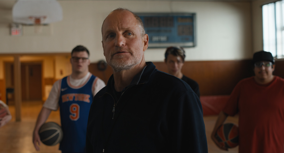Casey Metcalfe as Marlon, James Day Keith as Benny, Woody Harrelson as Marcus, Ashton Gunning as Cody, and Tom Sinclair as Blair in director Bobby Farrelly's 'Champions,' a Focus Features release.