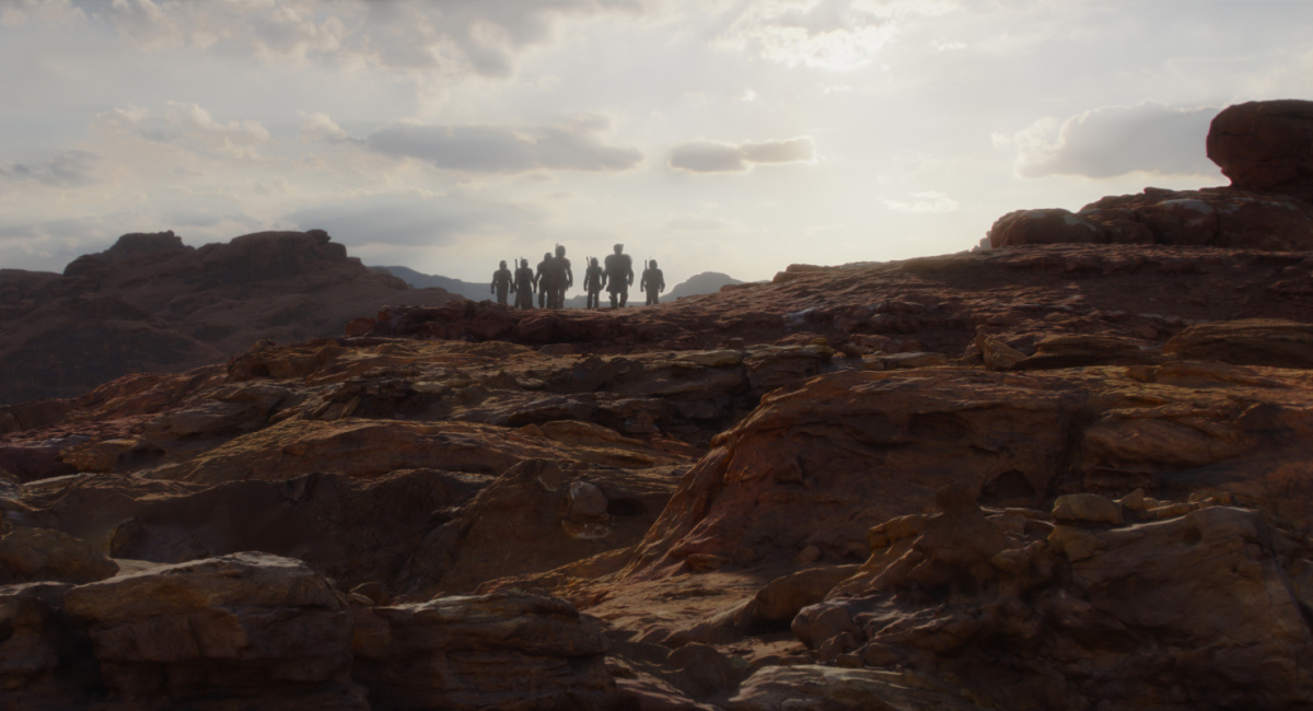 Mandalorians in a scene from Lucasfilm's 'The Mandalorian,' season three, exclusively on Disney+.