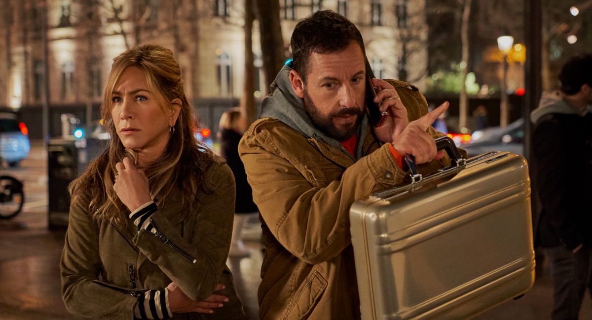 Jennifer Aniston as Audrey Spitz and Adam Sandler as Nick Spitz in 'Murder Mystery 2.'