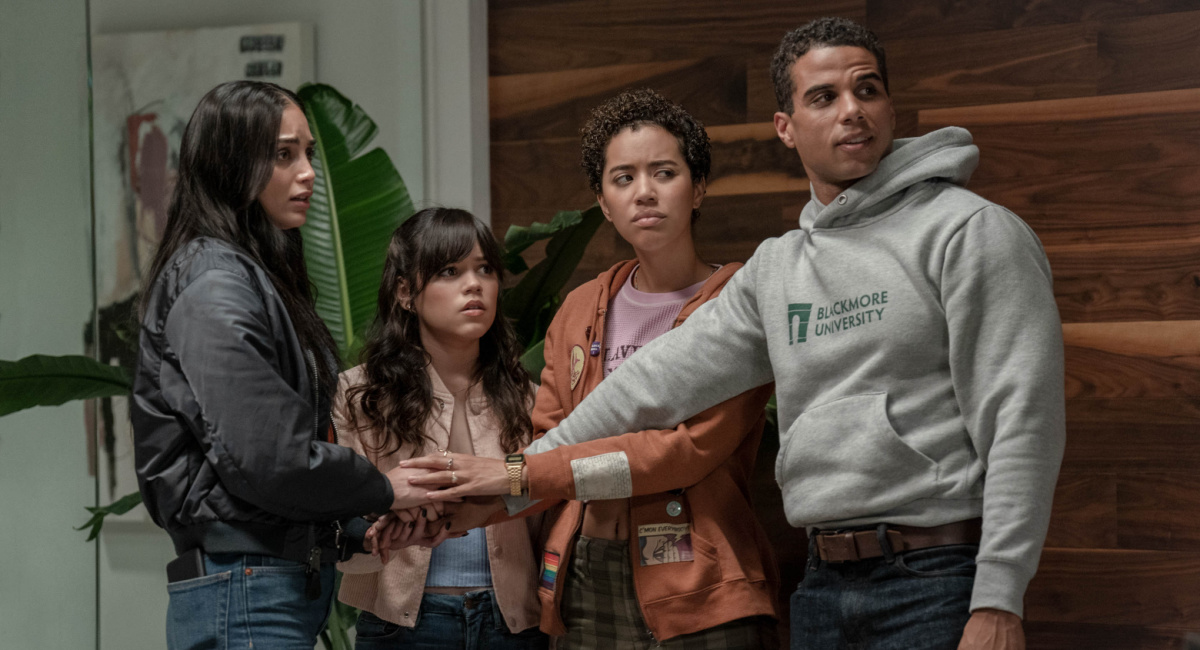 Melissa Barrera (Sam Carpenter), Jenna Ortega (Tara Carpenter), Jasmine Savoy Brown (Mindy Mix-Martin) and Mason Gooding (Chad Mix-Martin) in Paramount Pictures and Spyglass Media Group's 'Scream VI.'