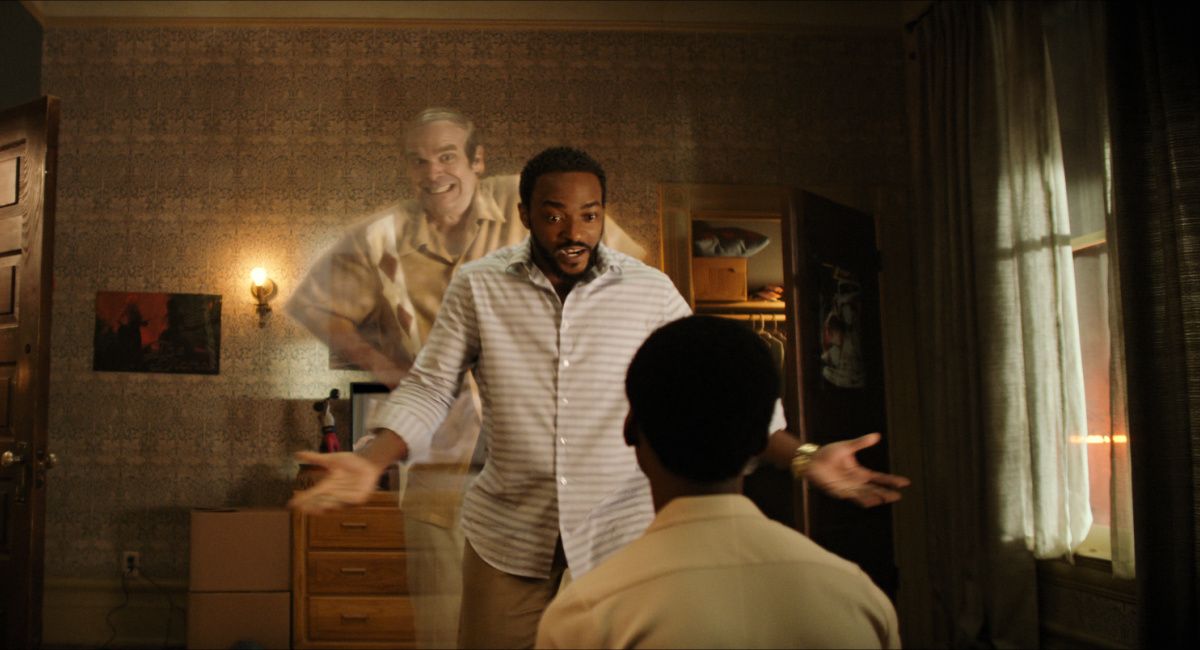 David Harbour as Ernest, Anthony Mackie as Frank, and Jahi Winston as Kevin in 'We Have A Ghost.'