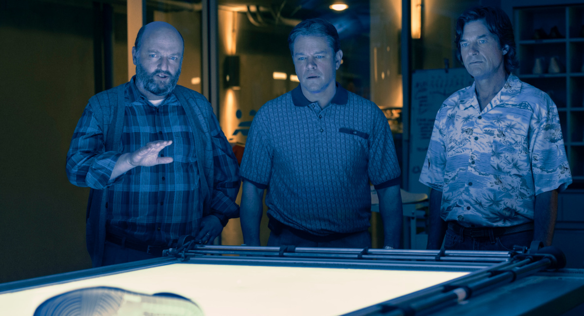 Matthew Maher as Peter Moore, Matt Damon as Sonny Vaccaro and Jason Bateman as Rob Strasser in 'Air.'